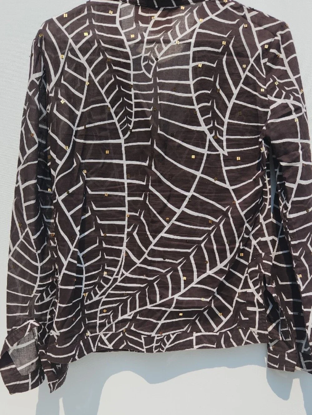 Tory Burch Brown & White Leaf-Print Long-Sleeve Blouse with Gold Accents